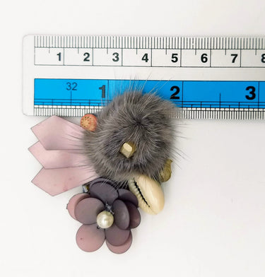 Hand Embroidered Metallic Grey Applique With Cowrie Shell, Sequins,Pearl and Feather Pom Pom